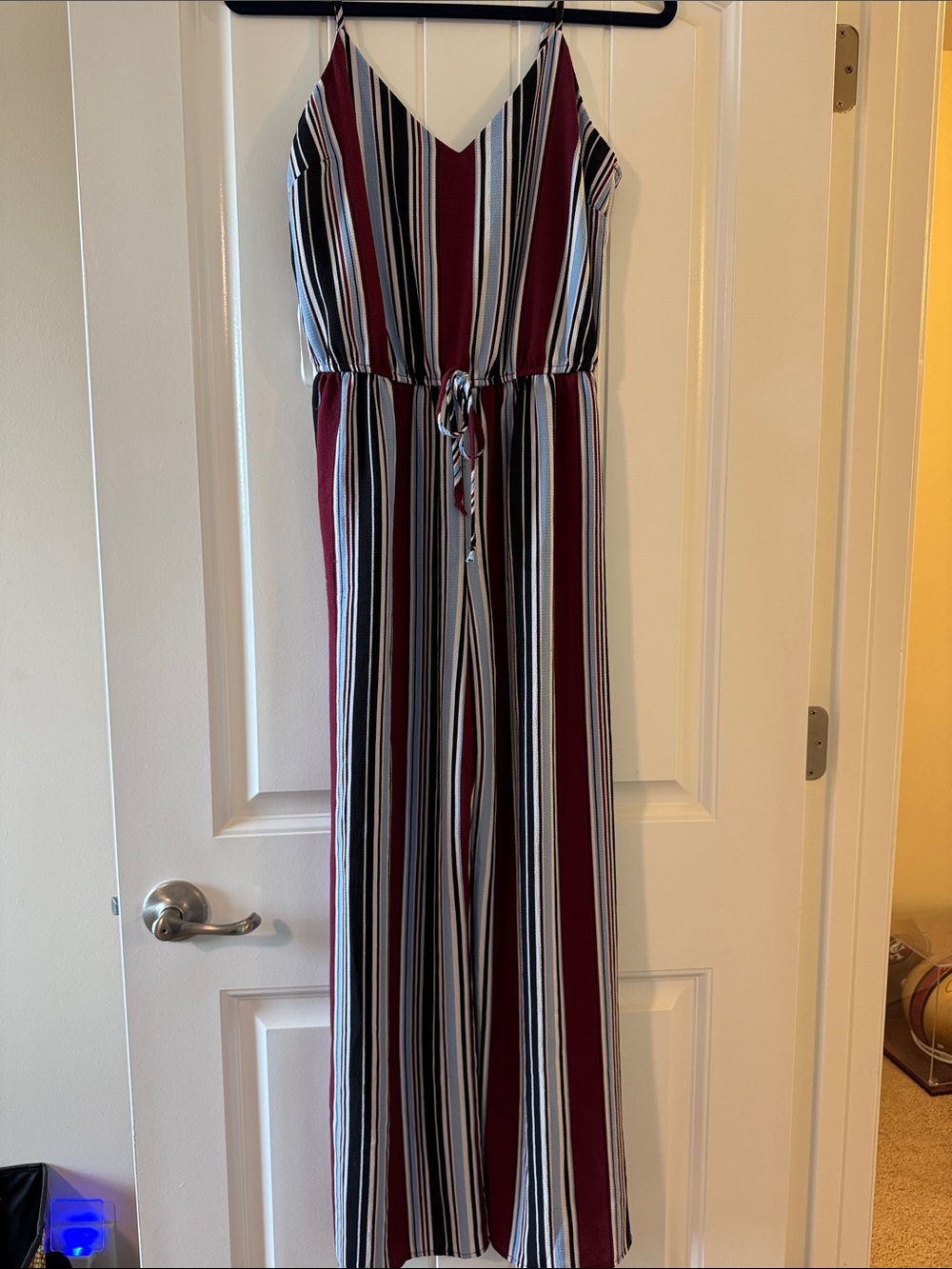 Ambiance Burgundy, White & Black Striped Maxi Jumpsuit